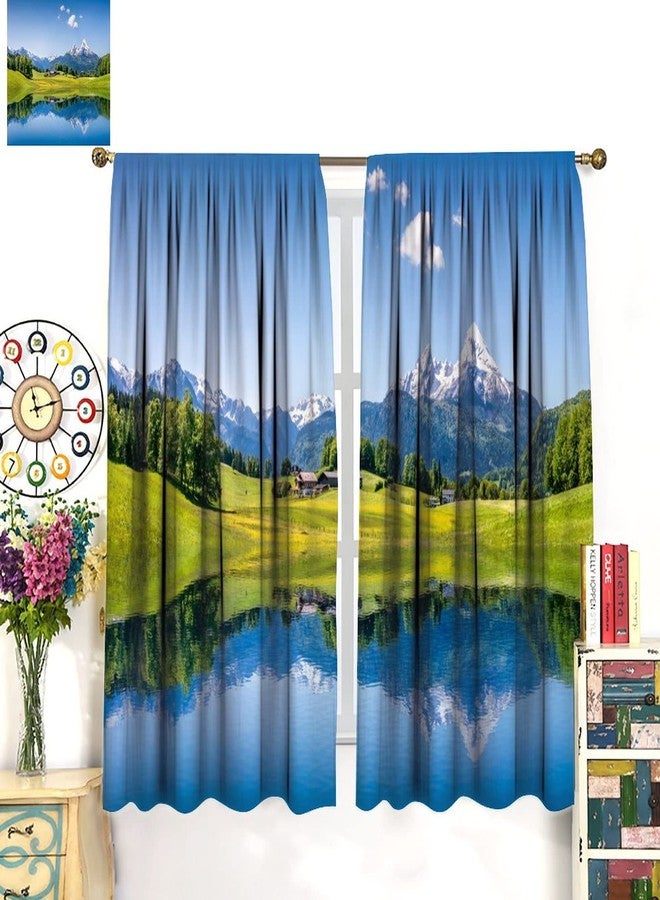 LOMADIA Lake Deocr Curtain, Nature Mountain Scenic Beautiful Blue Sky White Cloud House Grassland Landscapes Home Decor Windows Rod Pocket Curtains for Bedroom Kitchen Cafe Office Drapes 42x45in - Image 3